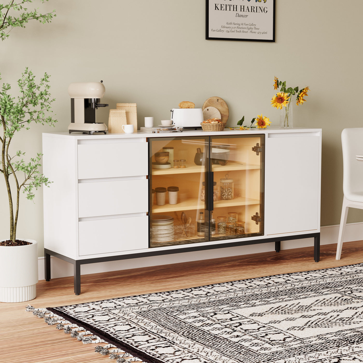 Buffet cabinet with storage, kitchen side panel storage room with doors and 3 drawers, pantry cabinet display rack, console, dining table manager furniture, living room dining room white
