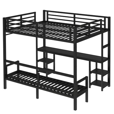 Queen Over Twin XL Metal Bunk Bed/Loft Bed with Desk and Shelves, Multiple Uses Folds into Sofa with LED and USB, Black