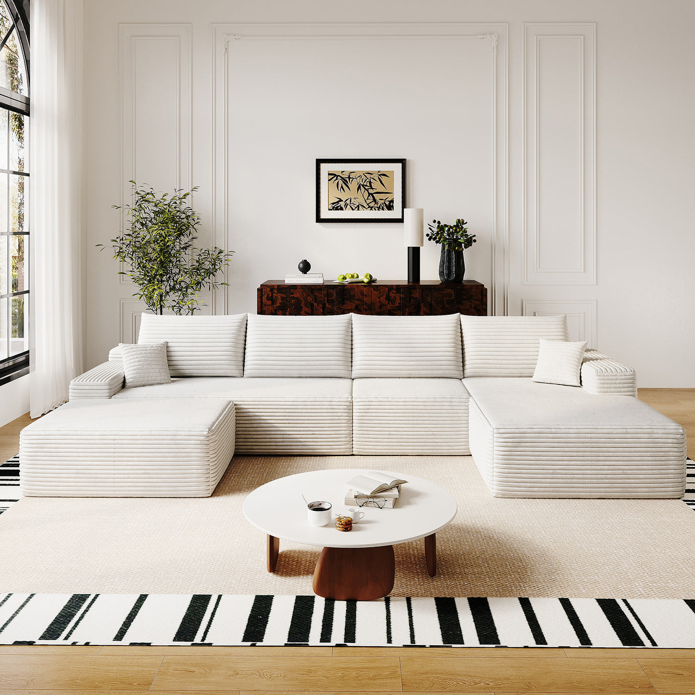 135' Cloud Sectional Sofa with 1 Ottoman,Modern Minimalist Upholstered Couches, Comfort U Shaped Sofa for Living Room,Deep Seat Corner Couch,No Assembly Required (Plush Corduroy Fabric),White