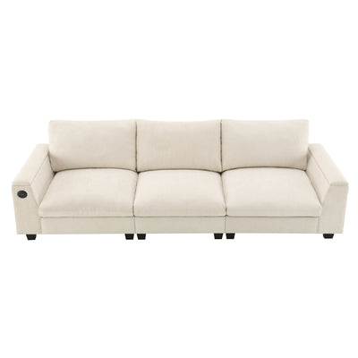 Chenille Sectional Sofa with Bluetooth Speaker, Comfy Cloud Couch Set with Drop Down Table, Cup Holders, USB Charger, Storage Armrest, Wide Seat, 96*35''