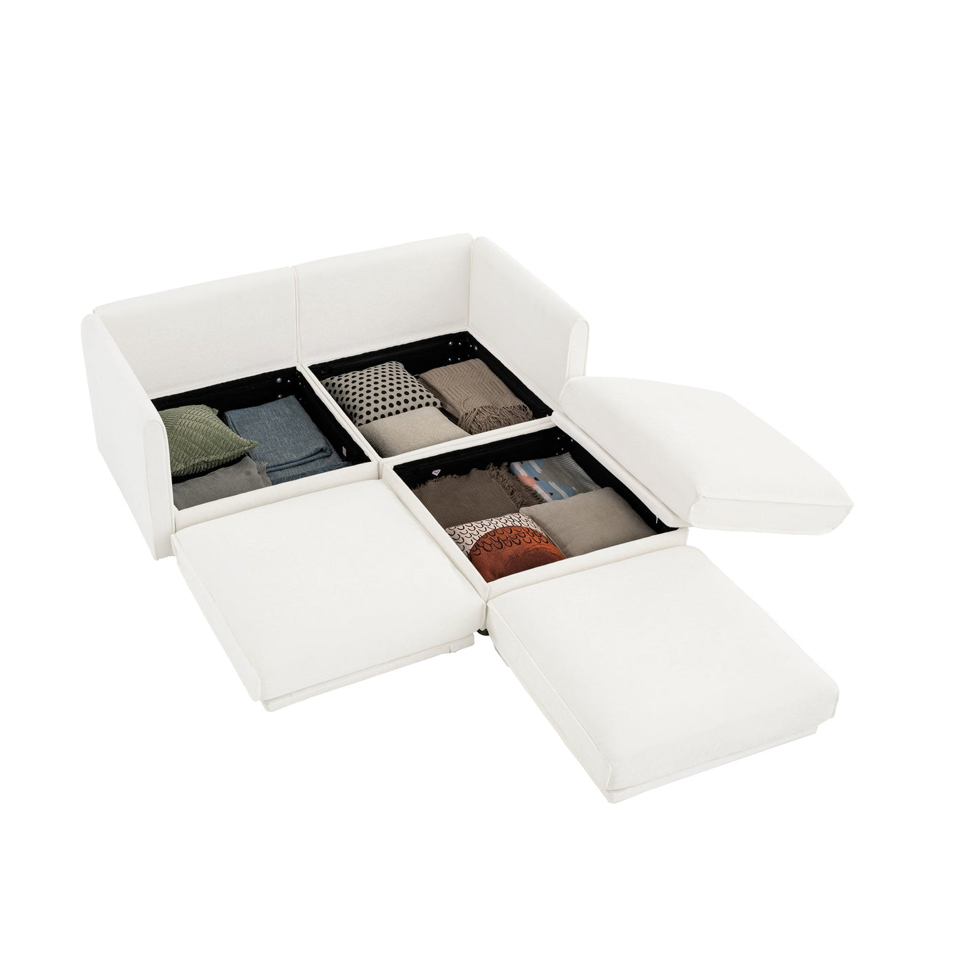 Stylish Modern Fabric 2-Seater Sofa with Ottoman Storage, White Chenille, Cylindrical Backrest and Armrests