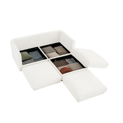 Stylish Modern Fabric 2-Seater Sofa with Ottoman Storage, White Chenille, Cylindrical Backrest and Armrests