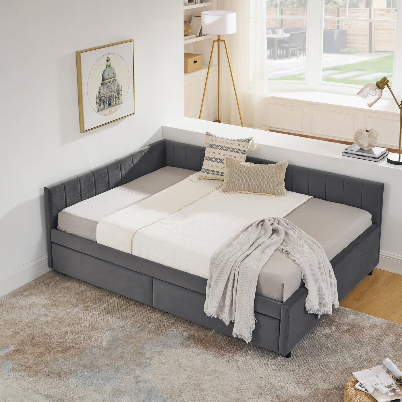 Full Size Upholstered Tufted Bed Frame with Two Drawers, Sofa Bed Frame with Comfortable Backrest and Armrests, Velvet, Grey(79.5''x58''x25'')