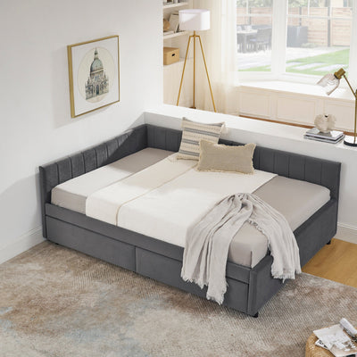 Full Size Upholstered Tufted Bed Frame with Two Drawers, Sofa Bed Frame with Comfortable Backrest and Armrests, Velvet, Grey(79.5''x58''x25'')