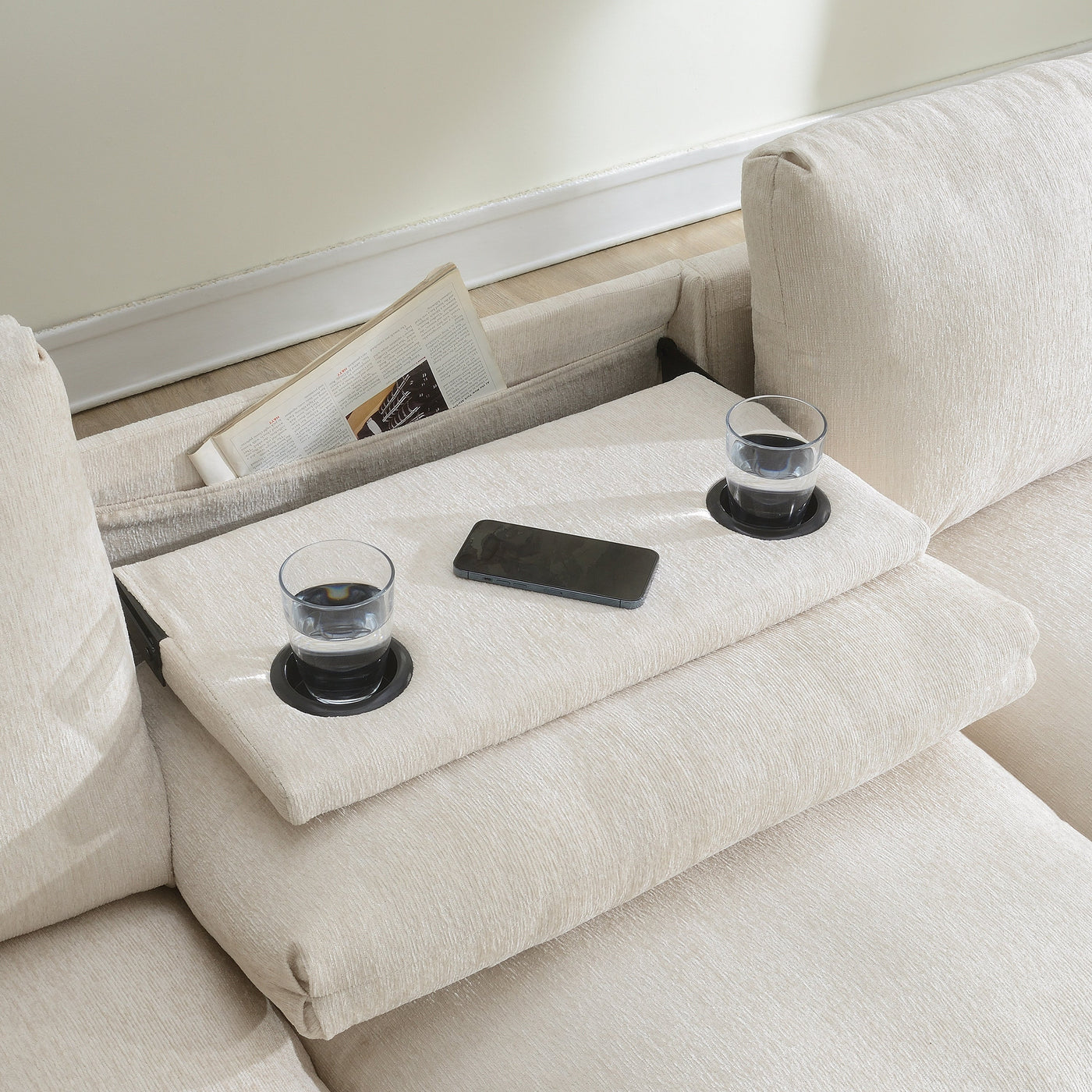 Chenille Sectional Sofa with Bluetooth Speaker, Comfy Cloud Couch Set with Drop Down Table, Cup Holders, USB Charger, Storage Armrest, Wide Seat, 96*35''