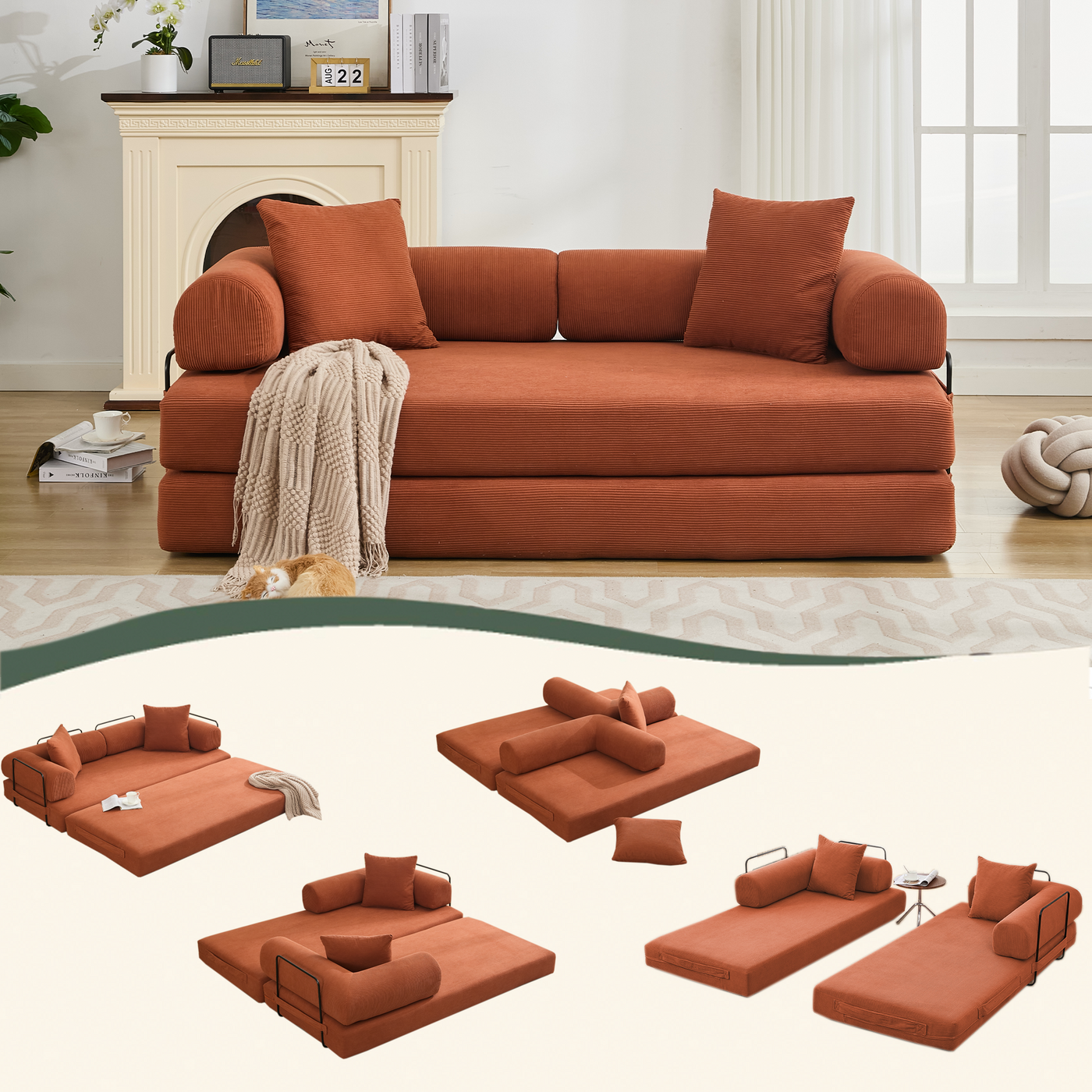 [NEW ARRIVED] [VIDEO PROVIDED] 78.5' Folding Convertible Out Sleeper Sofa Bed,4-in-1 DIY Combination Convertible Sofa, 3 seat, Folding Sleeper Sofa, King Size , Bedroom,Apartment,Corduroy,Orange