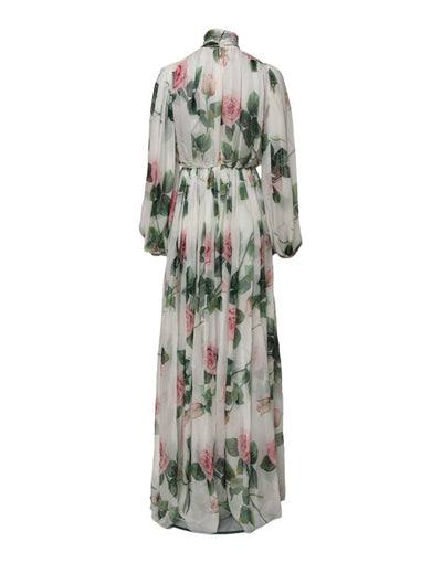 Dolce & Gabbana White Floral Roses Silk Maxi Long Gown Dress