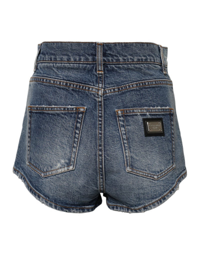 Dolce & Gabbana Blue Tattered Denim Cotton Hot Pants Shorts