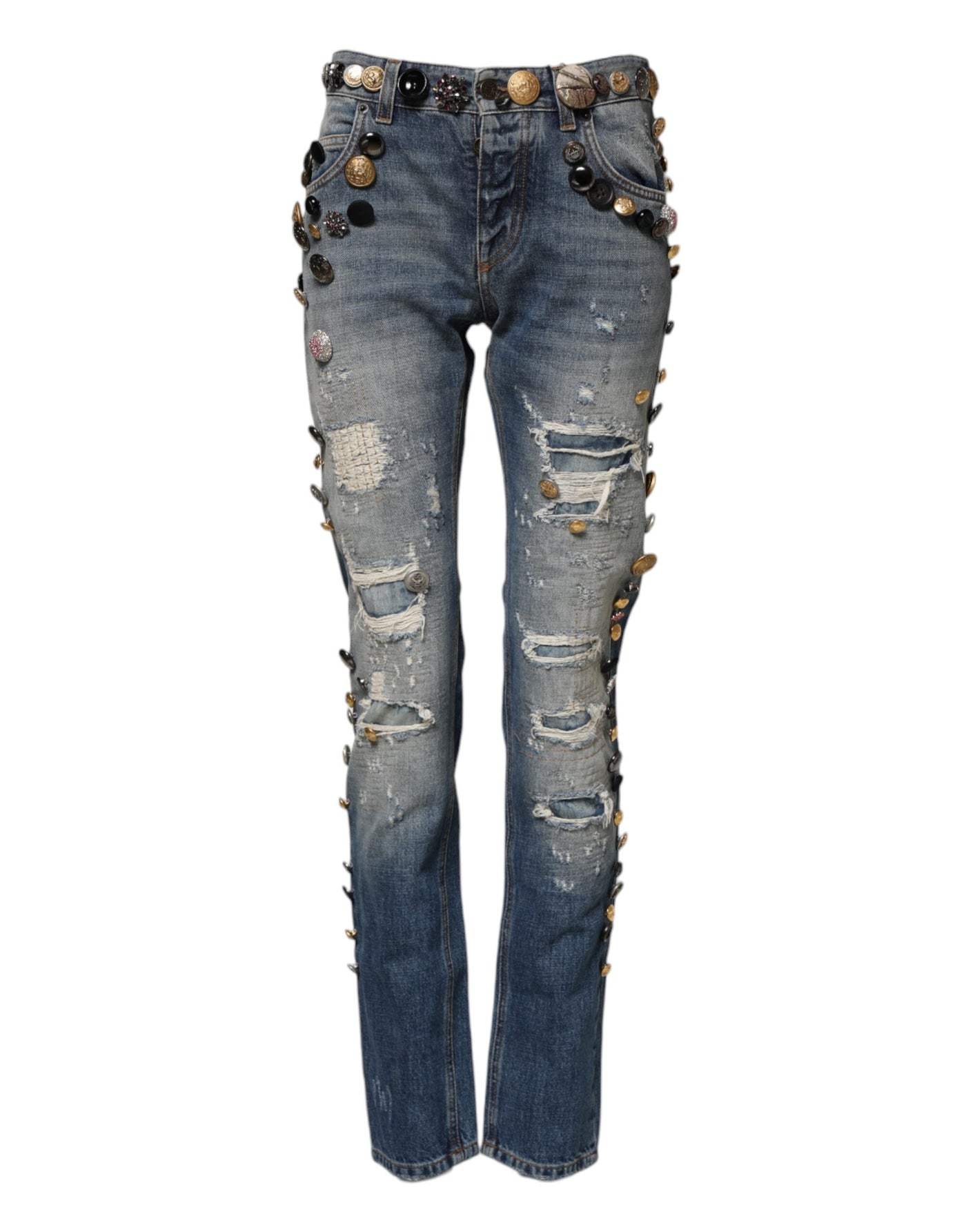 Dolce & Gabbana Blue Embellished Tattered SkinnyDenim Jeans