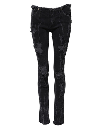 Dolce & Gabbana Black Cotton Tattered Skinny Denim Jeans