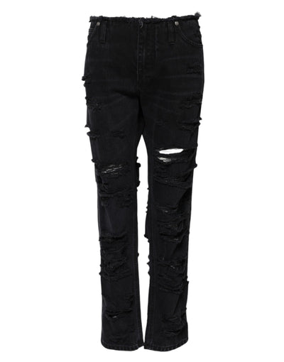 Dolce & Gabbana Black Cotton Tattered Mid Waist Denim Jeans