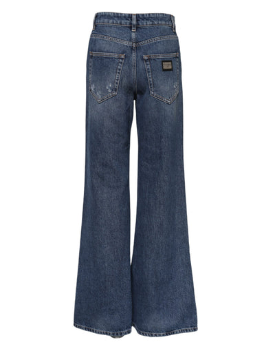 Dolce & Gabbana Blue Cotton Wide Leg Tattered Denim Jeans