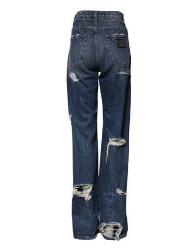 Dolce & Gabbana Blue Tattered Cotton Straight Denim Jeans