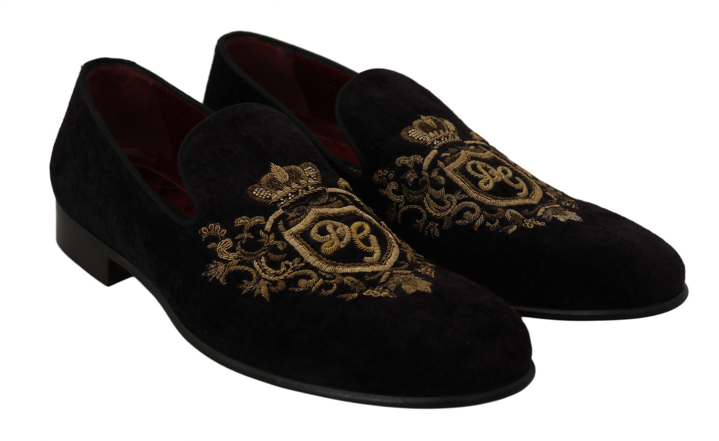 Dolce & Gabbana Loafers Black Velvet Gold Crown