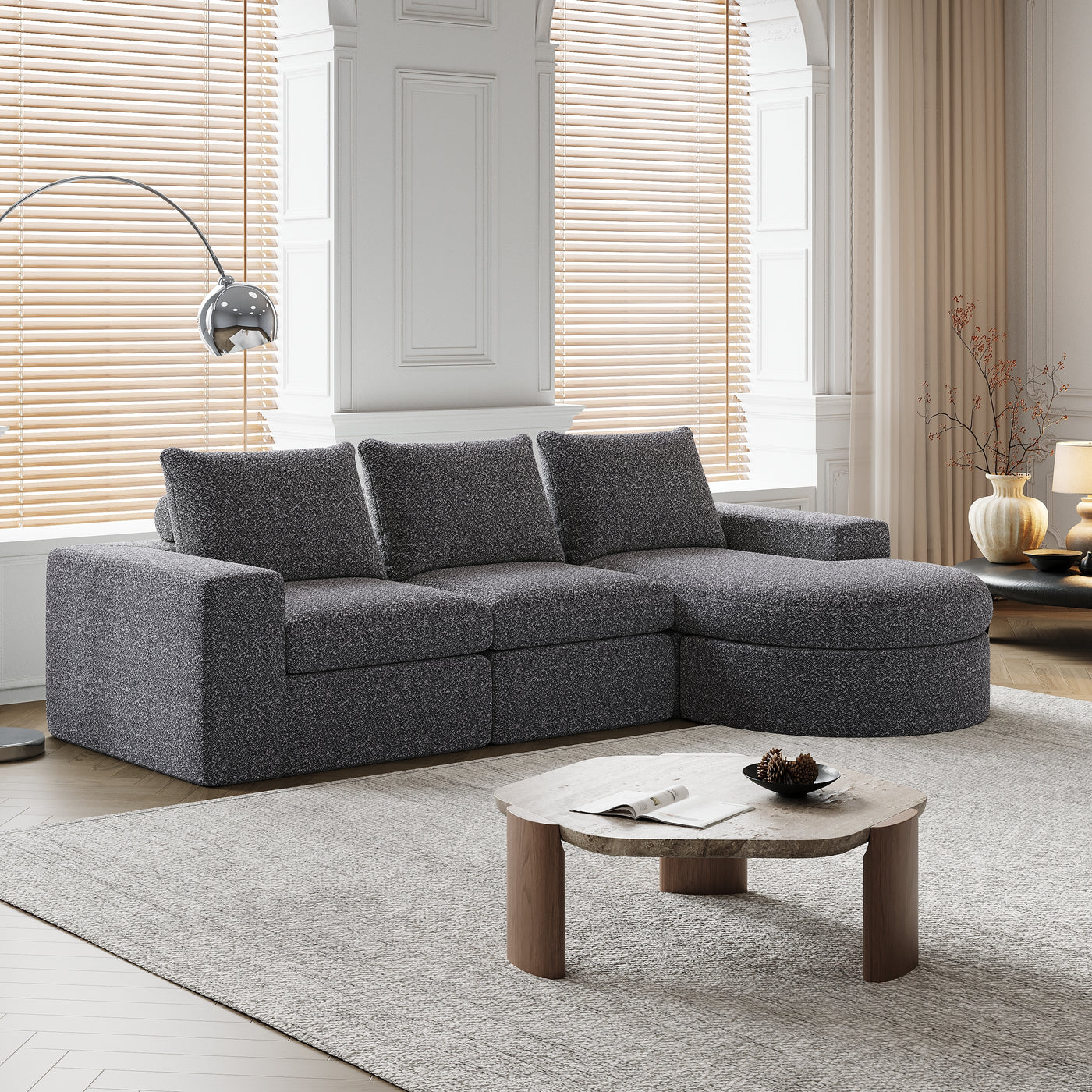 99-Inch Chenille Cloud Curved Sectional Sofa with Chaise, L-Shaped Modern Boneless Couch with Deep Seats, Chenille Sectional Sofa for Living Room and Bedroom, No Assembly Required