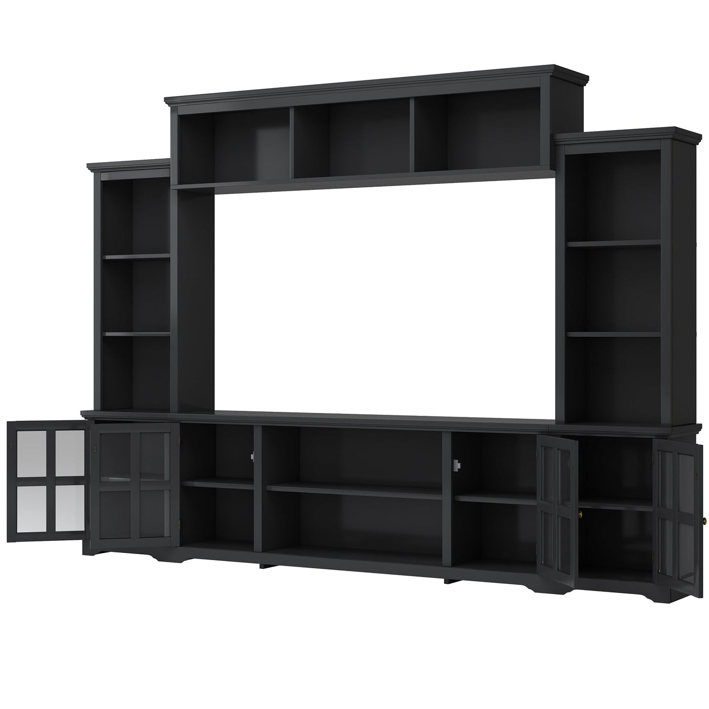 [VIDEO provided] ON-TREND Minimalism Entertainment Wall Unit with Bridge, Modern TV Console Table for TVs Up to 70', Multifunctional TV Stand with Tempered Glass Door, Black (Old SKU: SD000009AAB)