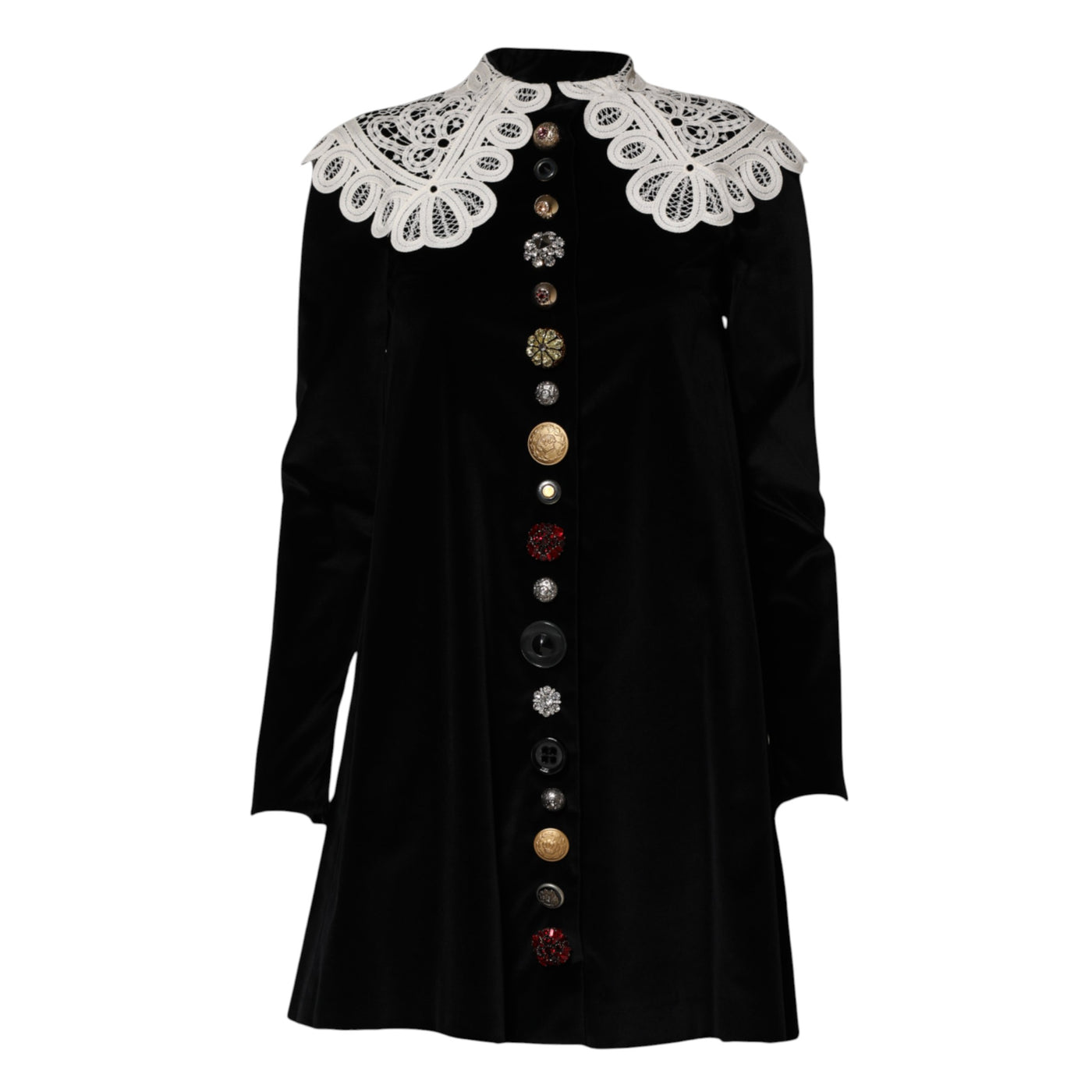 Dolce & Gabbana Black Velvet Lace Collared Embellished Dress