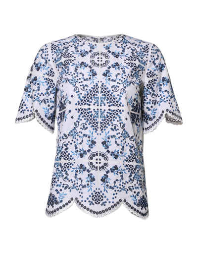 Dolce & Gabbana Blue Lace Eyelet Crew Neck Blouse Top