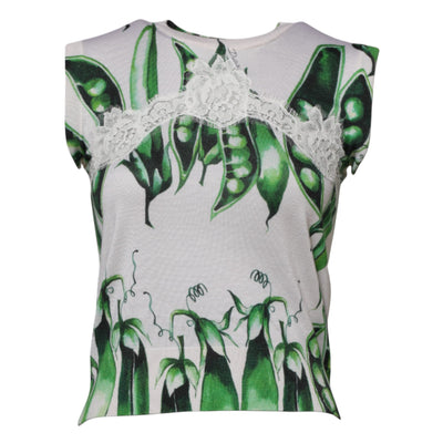 Dolce & Gabbana White Green Pea Print Sleeveless Blouse Top