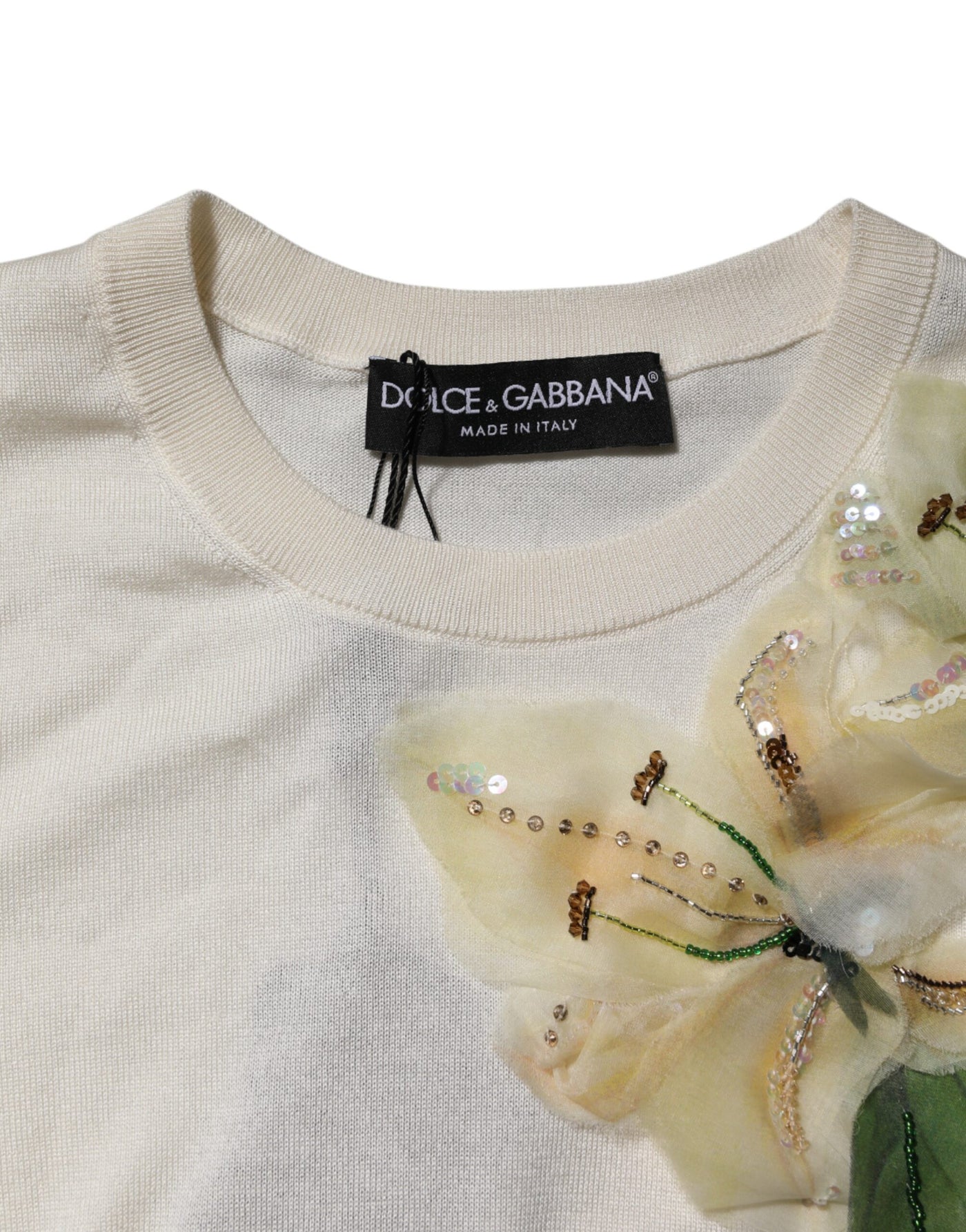 Dolce & Gabbana White Silk Lily Embellished Pullover Sweater
