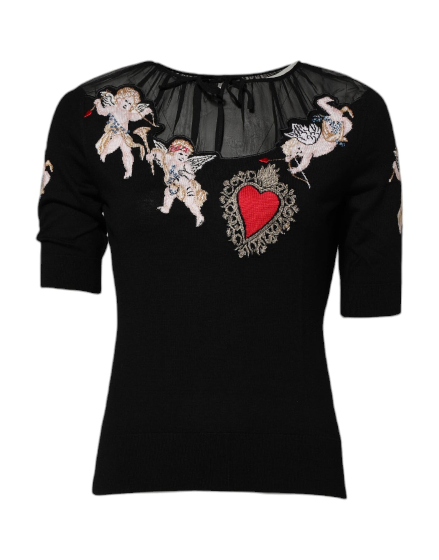 Dolce & Gabbana Black Sacred Heart Embroidered Crewneck Top