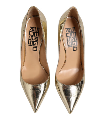 Sergio Rossi Gold Leather Pointed Toe Block Heels Shoes