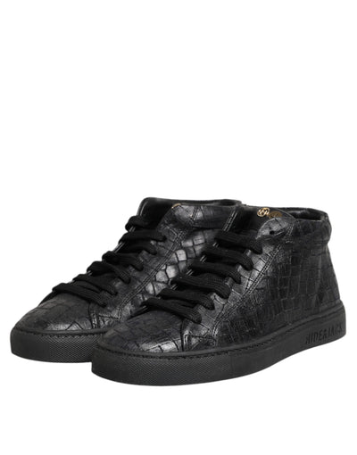 HIDE & JACK Black Leather Lace Up Mid Top Sneakers Shoes