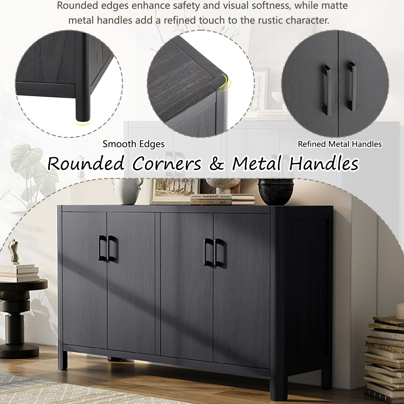 Mirod Farmhouse Style 4-Door Cabinet with Natural Finish, A Rustic Accent for Entryways or Small Spaces