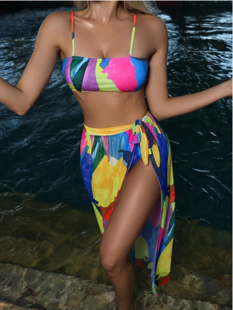 Bandeau High waist Color block Print Skirts 3 piece swimset Elegant bikini swimsuit women swimwear Women bathing suit