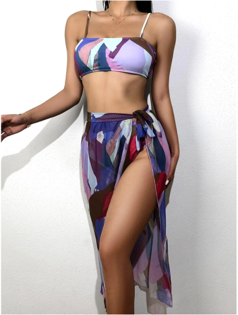 Bandeau High waist Color block Print Skirts 3 piece swimset Elegant bikini swimsuit women swimwear Women bathing suit