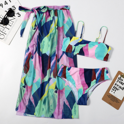 Bandeau High waist Color block Print Skirts 3 piece swimset Elegant bikini swimsuit women swimwear Women bathing suit