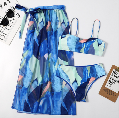Bandeau High waist Color block Print Skirts 3 piece swimset Elegant bikini swimsuit women swimwear Women bathing suit
