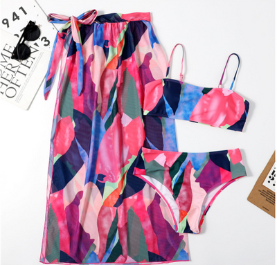 Bandeau High waist Color block Print Skirts 3 piece swimset Elegant bikini swimsuit women swimwear Women bathing suit