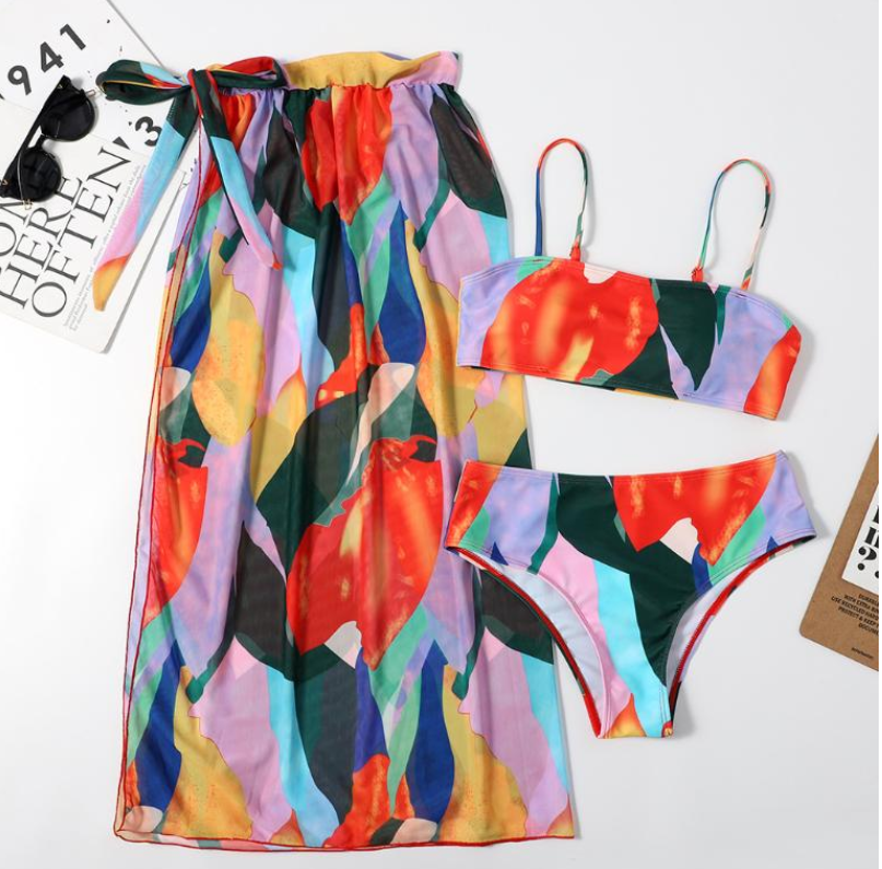 Bandeau High waist Color block Print Skirts 3 piece swimset Elegant bikini swimsuit women swimwear Women bathing suit