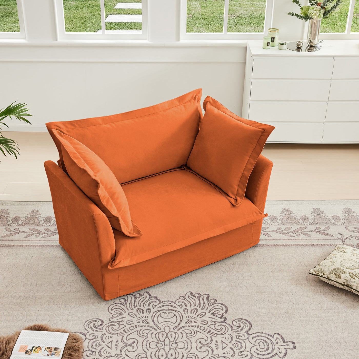 Slip-covered Armchair with 1 Big Back Cushion and 2 Big Toss Pillows, Single Deep Seat Comfy Single Couch Sofa Multiple Large Soft Pillows, Chenille Fabric, Orange