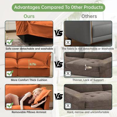 L-Shaped Slipcovered Sectional Sofa Couch, Comfy Chenille Deep Seat Cloud Couch with Convertible Ottoman & 2 Big Pillows, Modern Oversized 3 Seater Slipcovered Sofa Set for Living Room Office, Orange