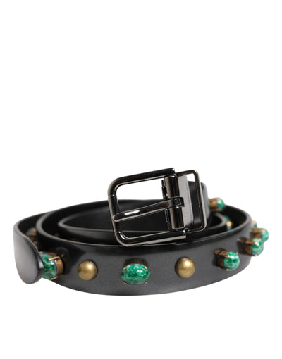 Dolce & Gabbana Black Leather Studded Silver Tone Buckle Belt