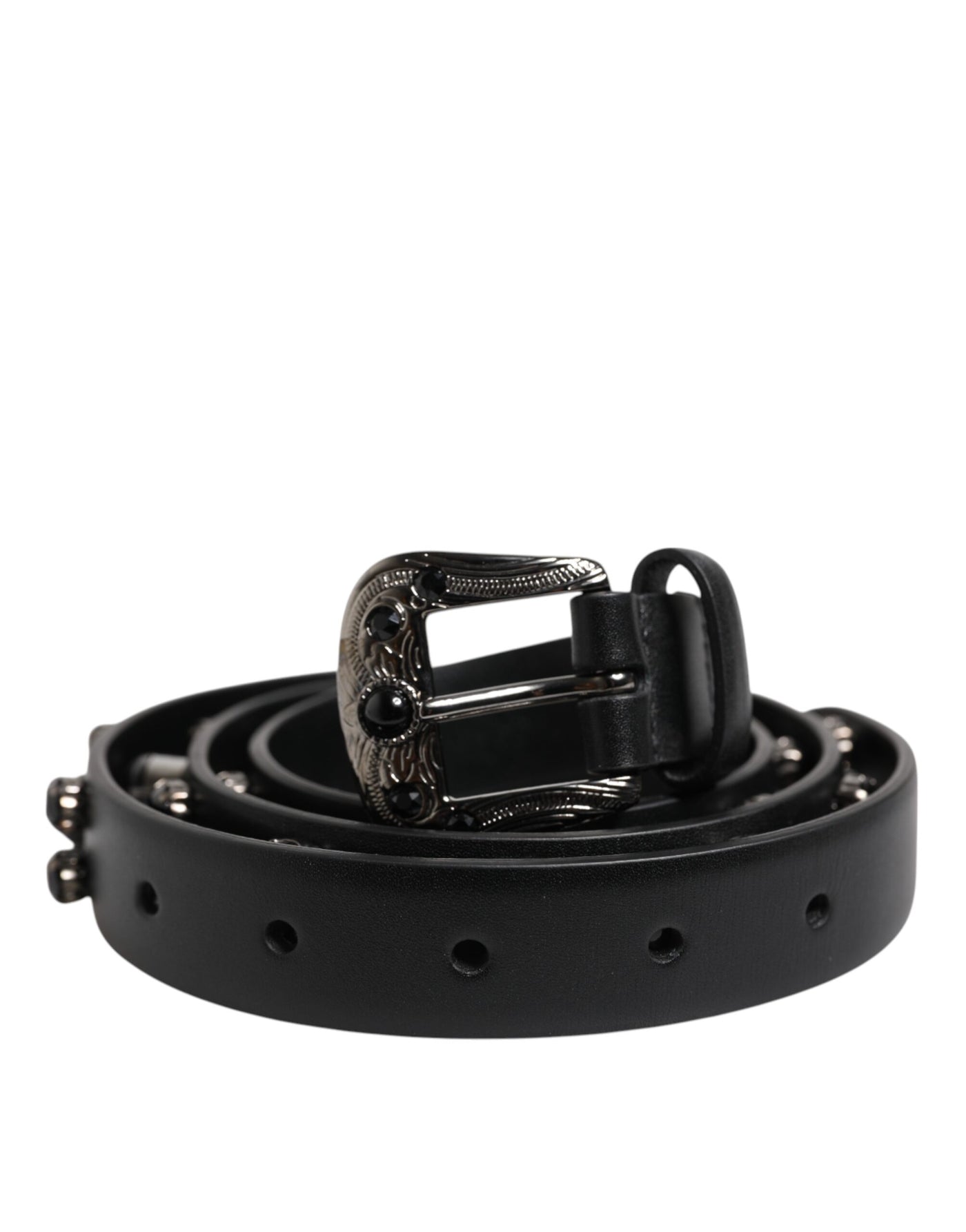 Dolce & Gabbana Black Studded Leather Metal Logo Buckle Belt