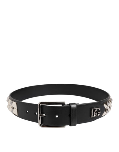 Dolce & Gabbana Black Leather Studded DG Metal Buckle Belt