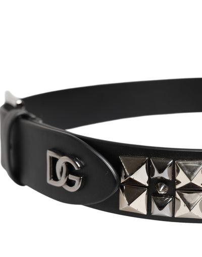 Dolce & Gabbana Black Leather Studded DG Metal Buckle Belt