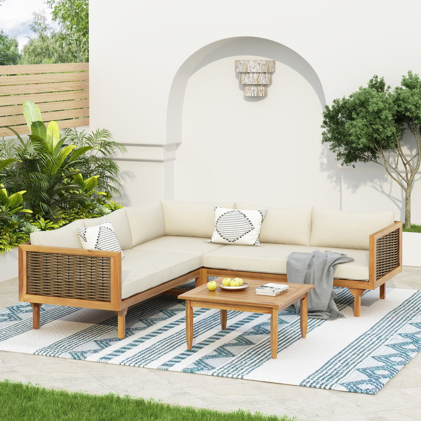 Premium Outdoor Sofa Set with Waterproof Cushions in Beige - Sectional Seating Group with Acacia Wood and Wicker