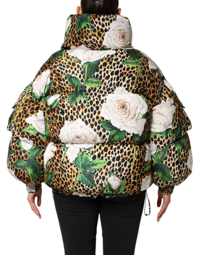Dolce & Gabbana Multicolor Leopard Rose Puffer Quilted Jacket