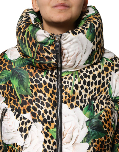 Dolce & Gabbana Multicolor Leopard Rose Puffer Quilted Jacket