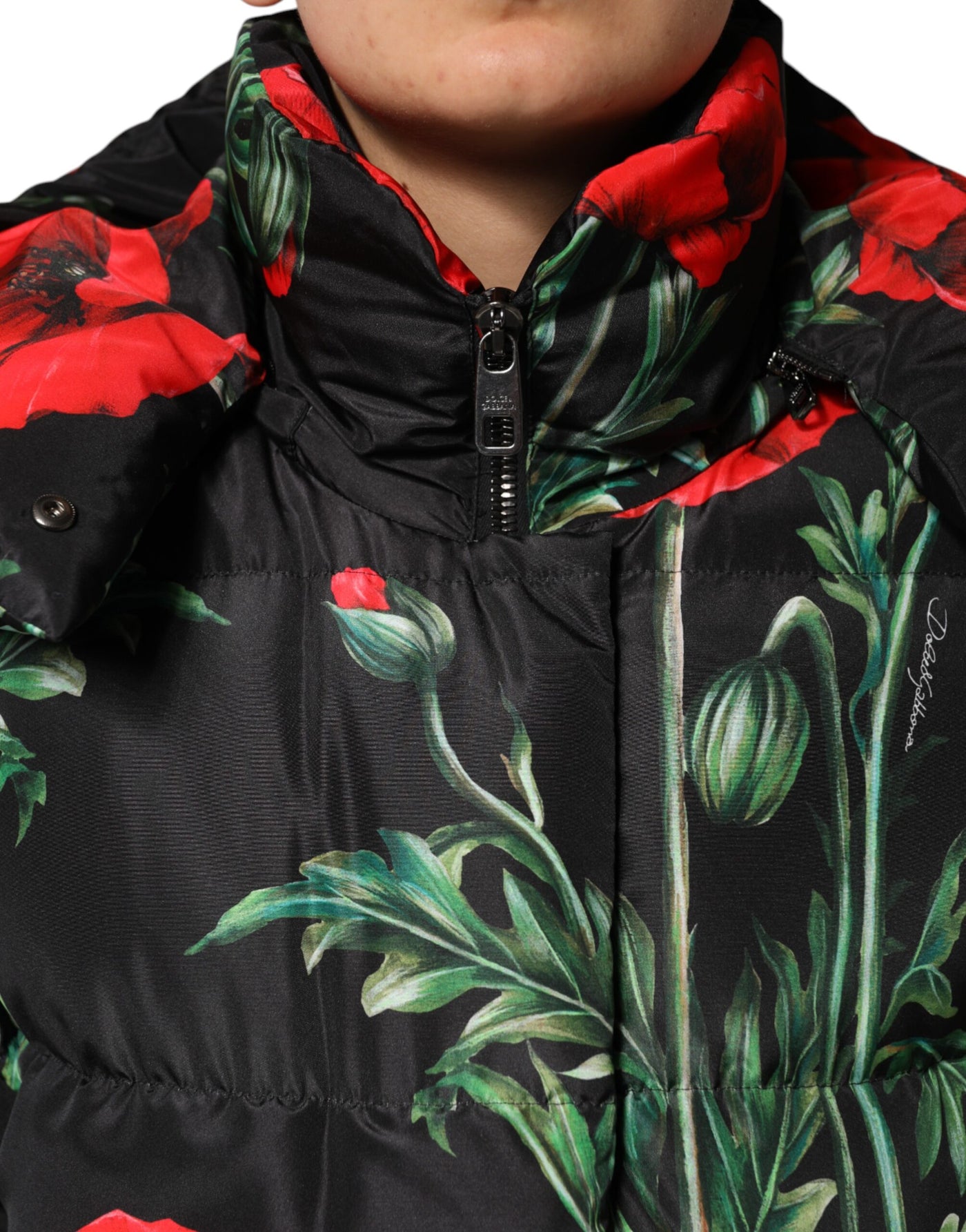 Dolce & Gabbana Black Floral Polyester Hooded Quilted Jacket