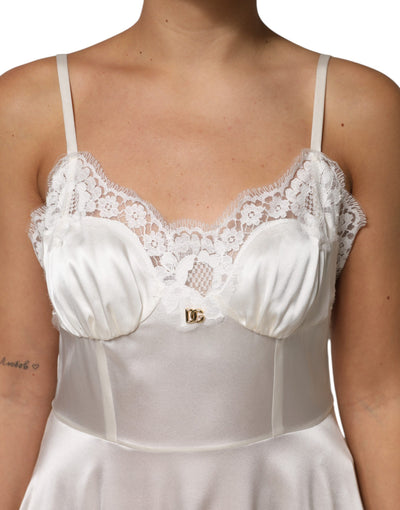 Dolce & Gabbana White Lace DG Logo Silk Dress Sleepwear