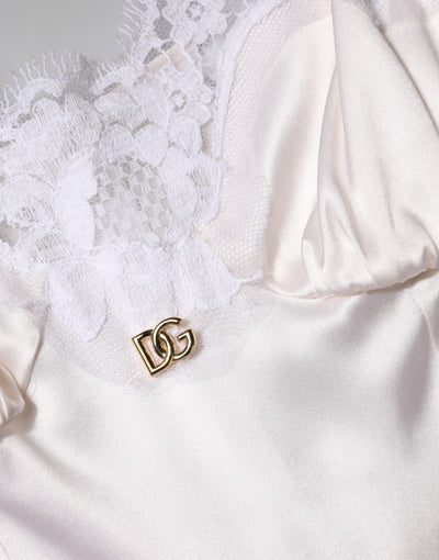 Dolce & Gabbana White Lace Gold DG Logo Silk Dress Sleepwear