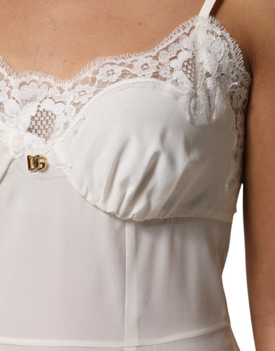 Dolce & Gabbana White Lace Gold DG Logo Silk Dress Sleepwear