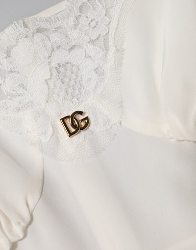 Dolce & Gabbana White Lace Gold DG Logo Silk Dress Sleepwear