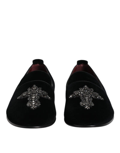 Dolce & Gabbana Black Velvet Embellished Loafer Slip On Shoes
