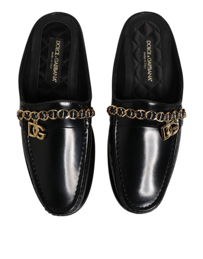 Dolce & Gabbana Black Leather DG Chain Embellished Sandals Shoes